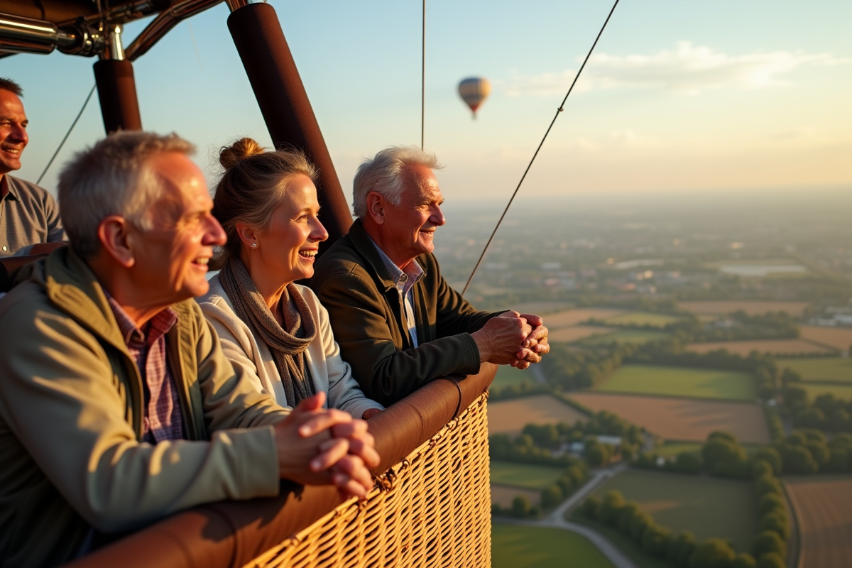 Hommes et femmes regardant le paysage depuis la montgolfiere
