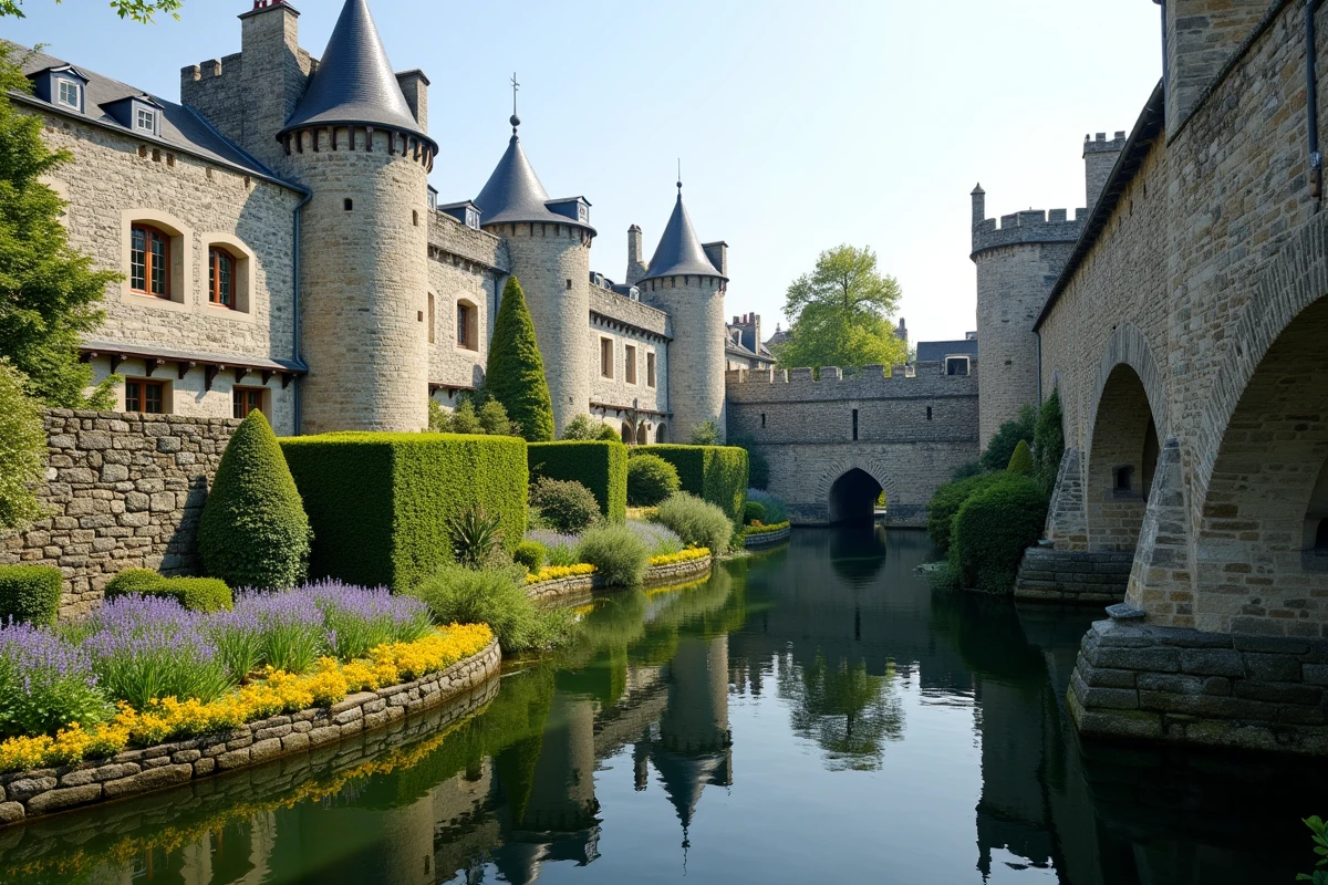 Vue panoramique des remparts médiévaux de Vannes et des jardins fleuris au bord des douves