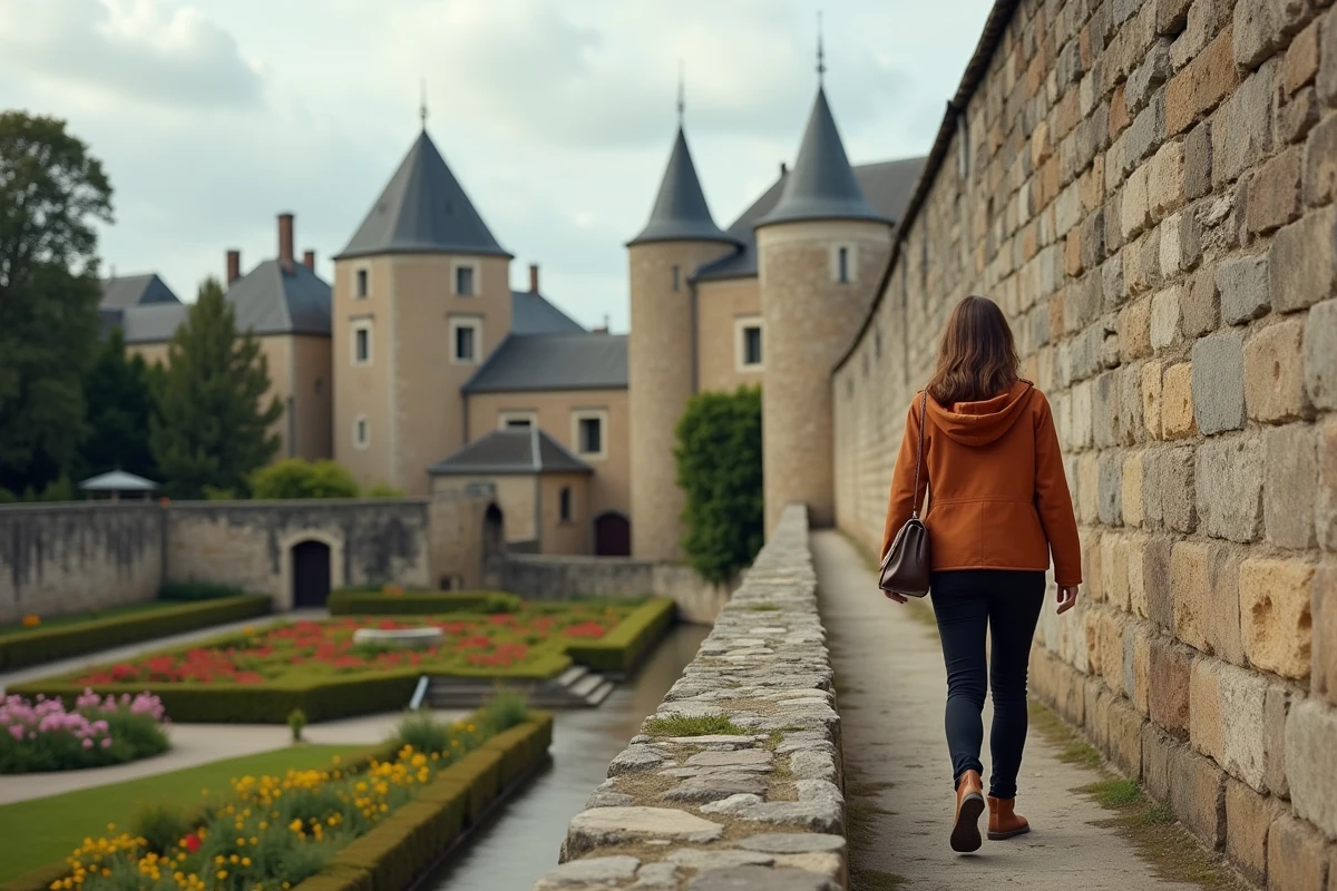 Femme se promenant le long des remparts médiévaux de Vannes avec vue sur les jardins et les tours fortifiées