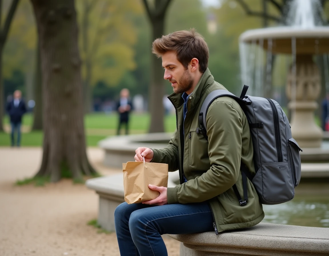Voyageur mangeant un repas économique dans un parc historique de Vienne en Autriche