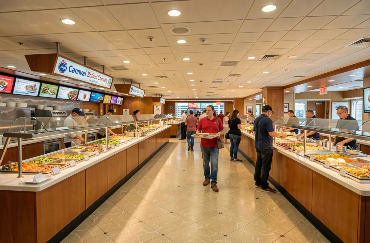 Restaurant buffet intérieur d'un paquebot Carnival avec buffet et passagers en file