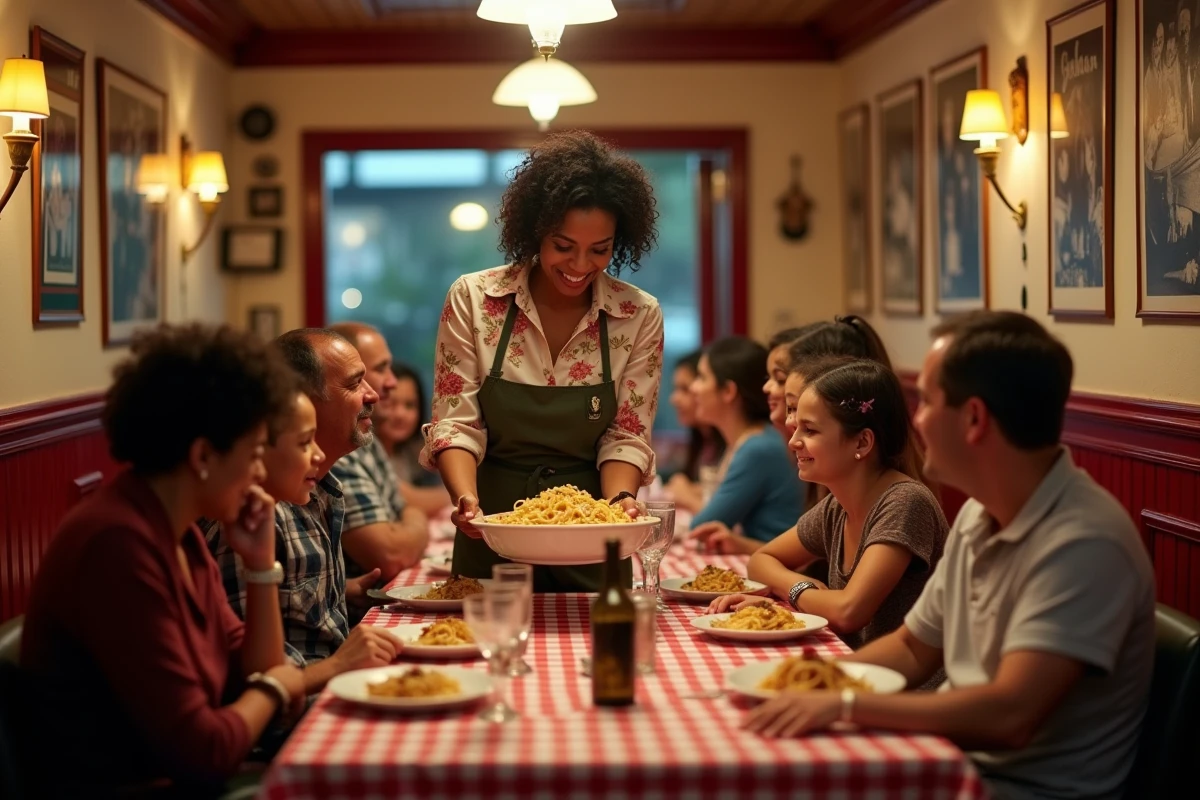 Restaurant italo-américain convivial à Staten Island avec nappes à carreaux, photos de famille et serveuse apportant un plat de pâtes