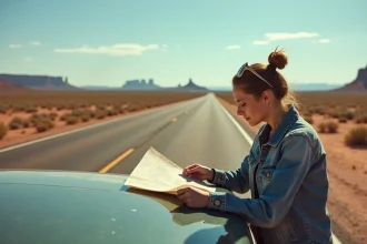 Femme consultant une carte routière en papier appuyée sur un break vintage sur une route droite du désert américain en Arizona