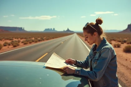 Femme consultant une carte routière en papier appuyée sur un break vintage sur une route droite du désert américain en Arizona