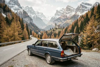 Route sinueuse dans la vallée d'Aoste en automne avec une voiture garée et vue sur les montagnes enneigées