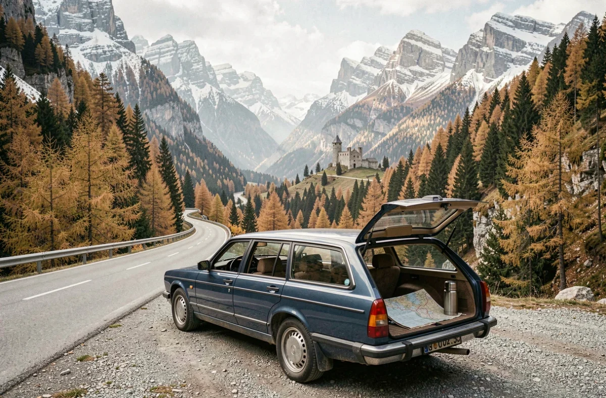 Route sinueuse dans la vallée d'Aoste en automne avec une voiture garée et vue sur les montagnes enneigées