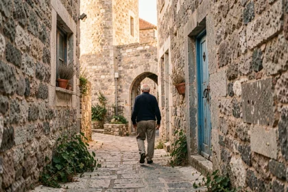 Ruelle pavée en pierre d'Aréopoli dans le Magne avec tour de défense traditionnelle et porte bleue en bois