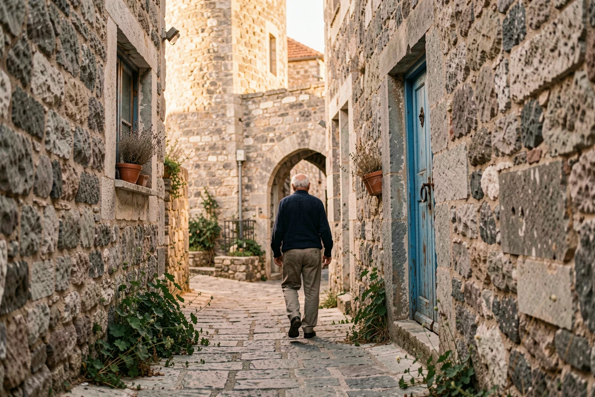Ruelle pavée en pierre d'Aréopoli dans le Magne avec tour de défense traditionnelle et porte bleue en bois