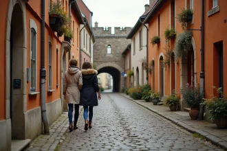 Couple se promenant dans les ruelles médiévales pavées de Saint-Valery-sur-Somme en automne, maisons à colombages et porte fortifiée en arrière-plan