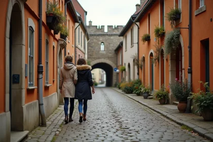 Couple se promenant dans les ruelles médiévales pavées de Saint-Valery-sur-Somme en automne, maisons à colombages et porte fortifiée en arrière-plan