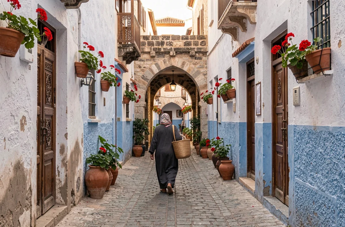 Ruelle typique de la médina du nord du Maroc avec murs bleus et blancs et femme en djellaba