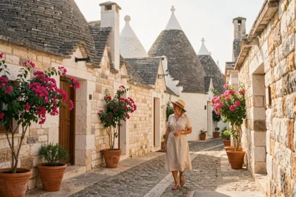 Ruelle pavée d'Alberobello avec trulli traditionnels et touriste se promenant dans les Pouilles