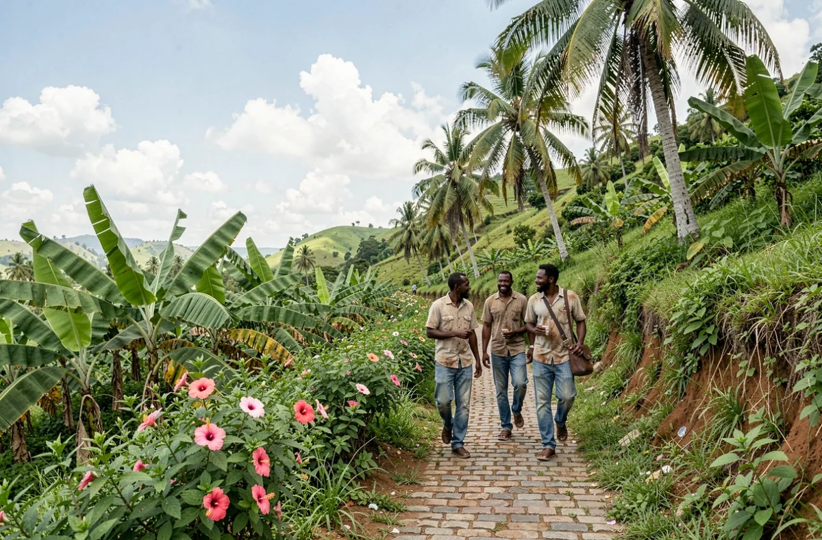 Sentier de campagne verdoyant à Ganere en Haïti avec deux hommes locaux marchant parmi les bananiers et les palmiers royaux