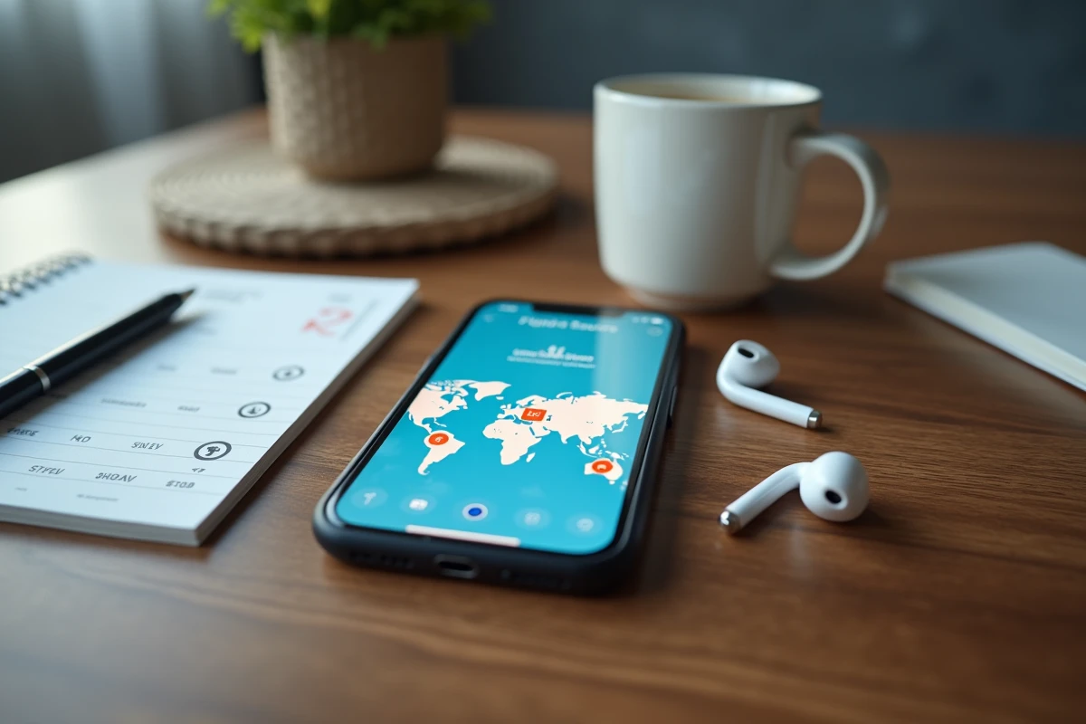 Smartphone affichant une application de radar aérien en direct posé sur un bureau avec une carte d'embarquement