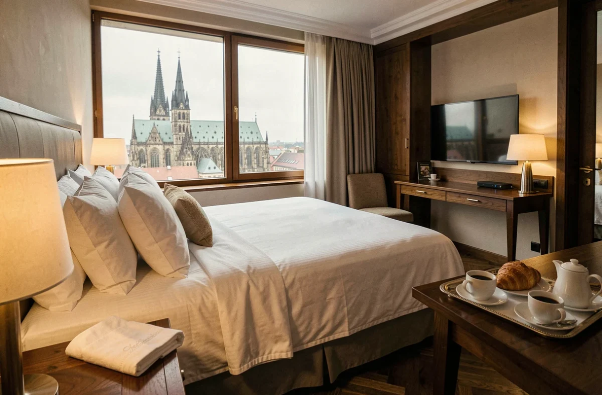 Suite luxueuse d'un hôtel 5 étoiles à Strasbourg avec vue sur la cathédrale et linge de lit blanc immaculé