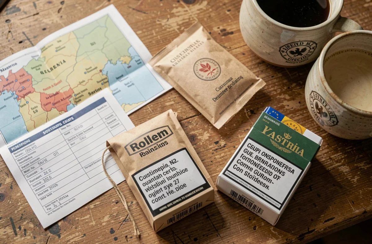 Paquets de tabac européens, cartons de cigarettes et formulaire douanier posés sur une table en bois, illustration des limites légales à la frontière Espagne-France