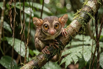 Un tarsier des Philippines agrippé à une branche moussue dans la forêt tropicale de Bohol, ses grands yeux ambrés fixant l'objectif