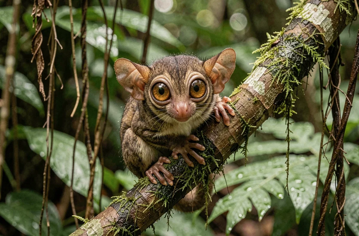 Un tarsier des Philippines agrippé à une branche moussue dans la forêt tropicale de Bohol, ses grands yeux ambrés fixant l'objectif