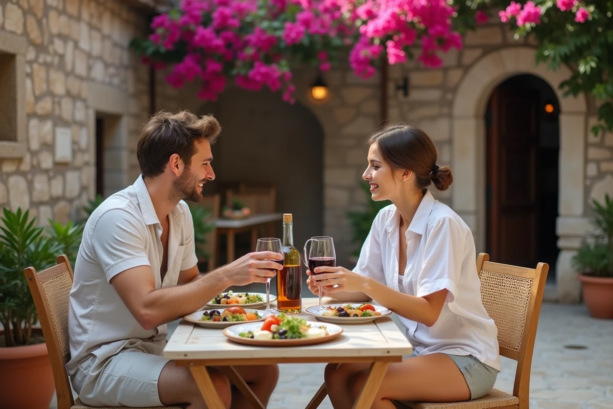 Couple attablé dans une taverne crétoise authentique en mai dégustant des spécialités locales dans une cour fleurie