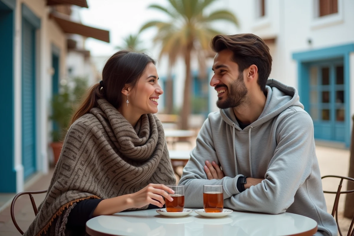 Couple en tenue insuffisante pour le vent buvant du thé à la menthe dans un café en bord de mer à Essaouira en février
