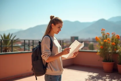 Femme en tenue légère sur une terrasse à Marrakech en février avec vue sur les montagnes enneigées de l'Atlas