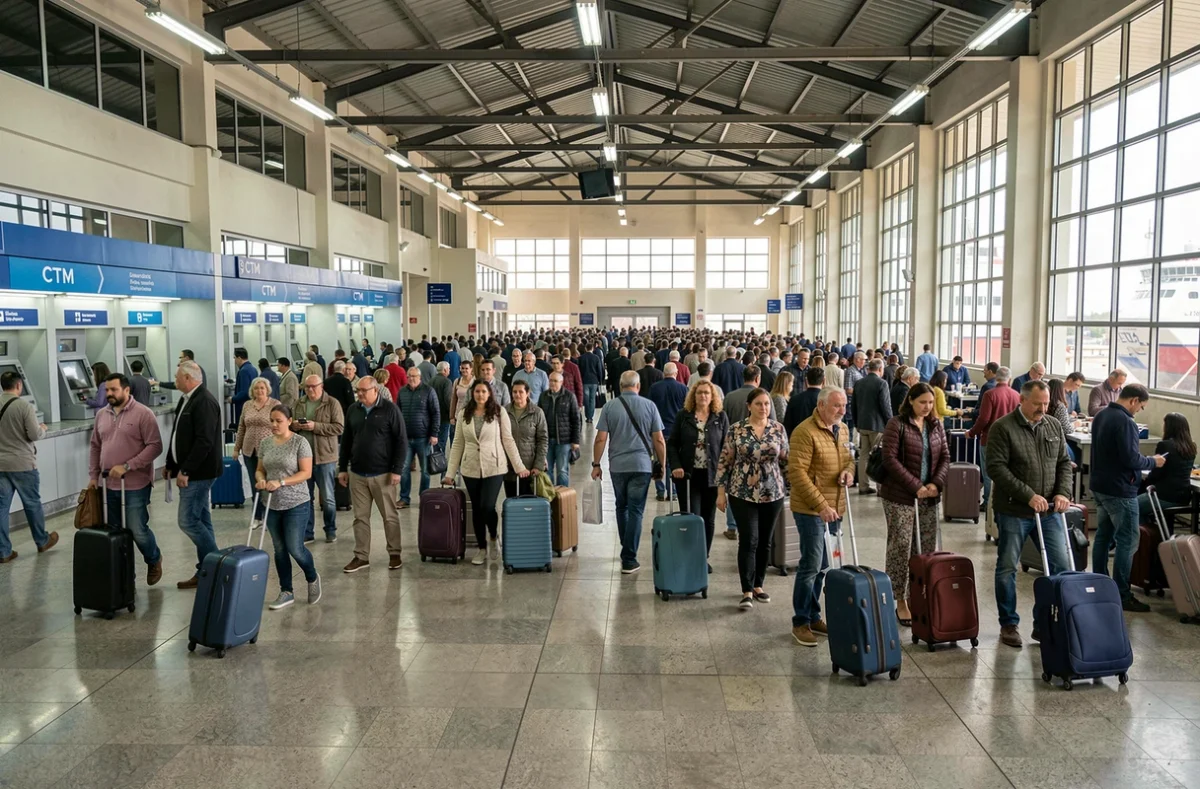 Hall d'embarquement animé d'un terminal maritime CTM avec des voyageurs et des comptoirs de billetterie