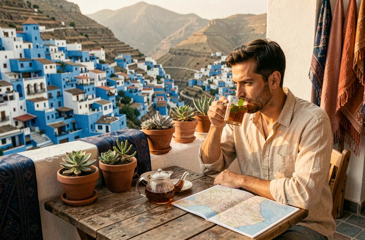 Voyageur consultant une carte du Maroc sur une terrasse de café à Chefchaouen avec vue panoramique sur la ville bleue