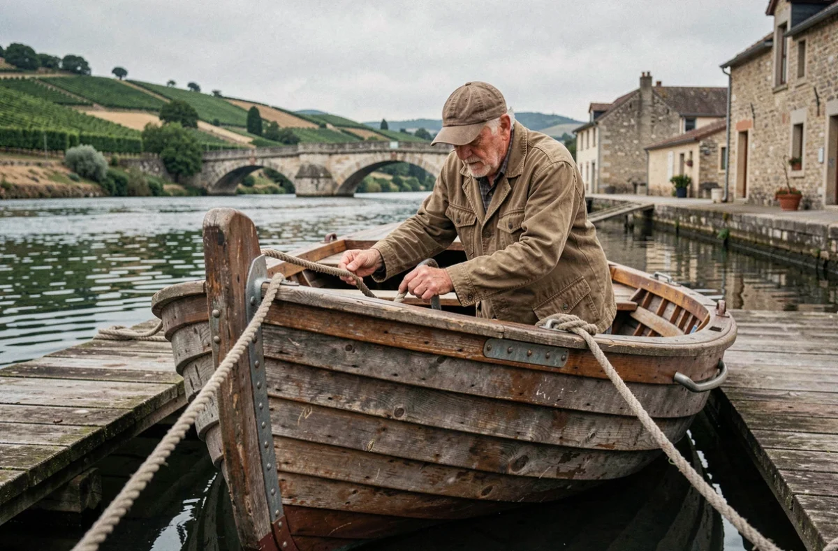 Batelier amarrant une toue cabanée traditionnelle au bord de la Loire dans un village