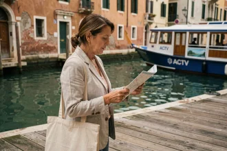 Touriste consultant une carte du vaporetto sur un embarcadère en bois à Venise