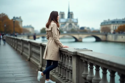Touriste sur le Pont des Arts à Paris avec vue sur la Seine et les bâtiments haussmanniens