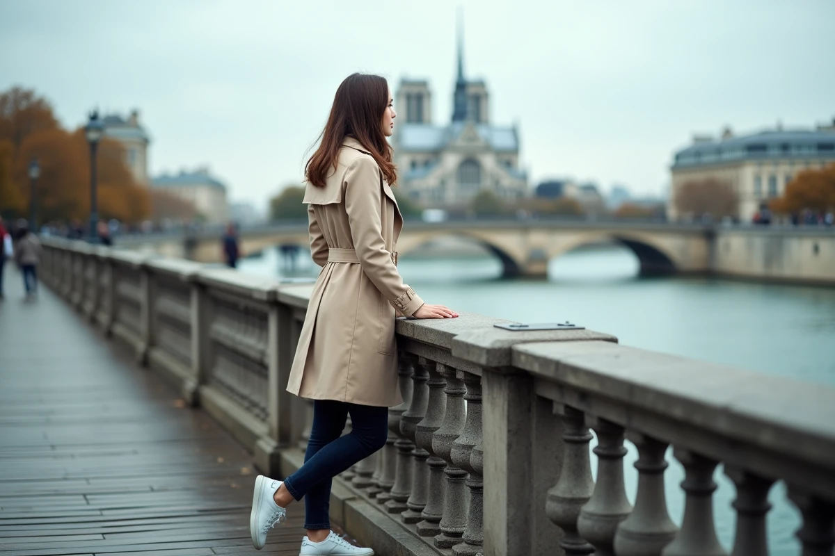 Touriste sur le Pont des Arts à Paris avec vue sur la Seine et les bâtiments haussmanniens