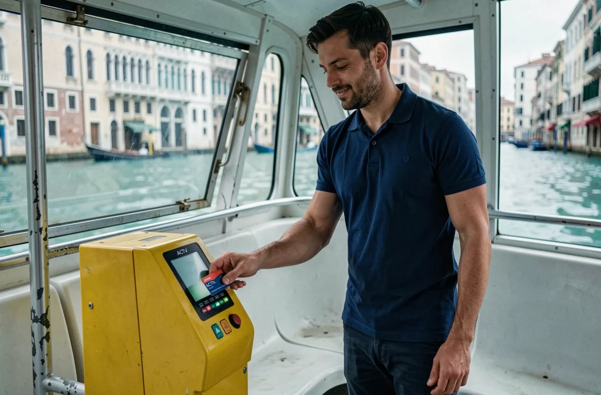 Passager validant son titre de transport sur un vaporetto à Venise