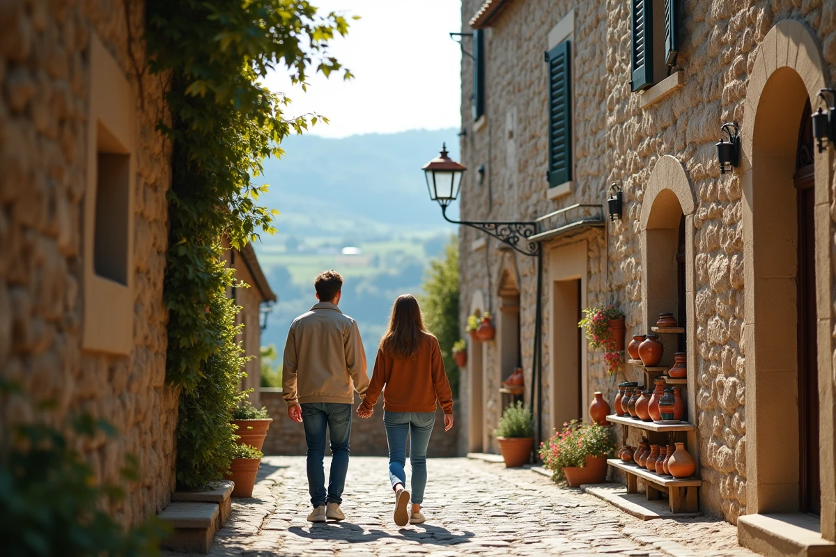 Couple de touristes explorant une ruelle médiévale d'un village italien autrefois abandonné désormais revitalisé