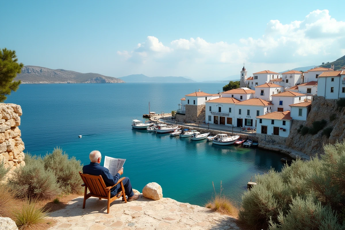 Village côtier crétois avec port de pêche calme et mer turquoise photographié depuis une colline en septembre