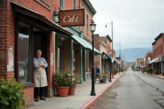 Rue principale d'une ville abandonnée en cours de renaissance touristique avec café restauré et façades en brique