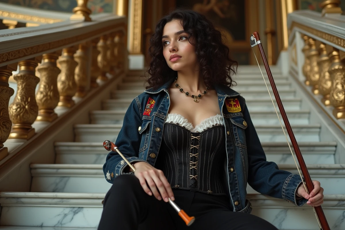 Jeune violoncelliste mêlant esthétique baroque et rock assise dans un escalier de palais européen