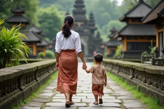 Mère et enfant en tenue balinaise traditionnelle se promenant dans les jardins du temple Taman Ayun à Bali