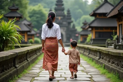 Mère et enfant en tenue balinaise traditionnelle se promenant dans les jardins du temple Taman Ayun à Bali