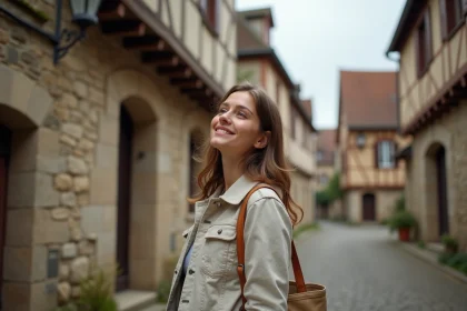 Femme explorant les ruelles médiévales du Vieux-Mans avec un petit budget, façades à colombages en arrière-plan
