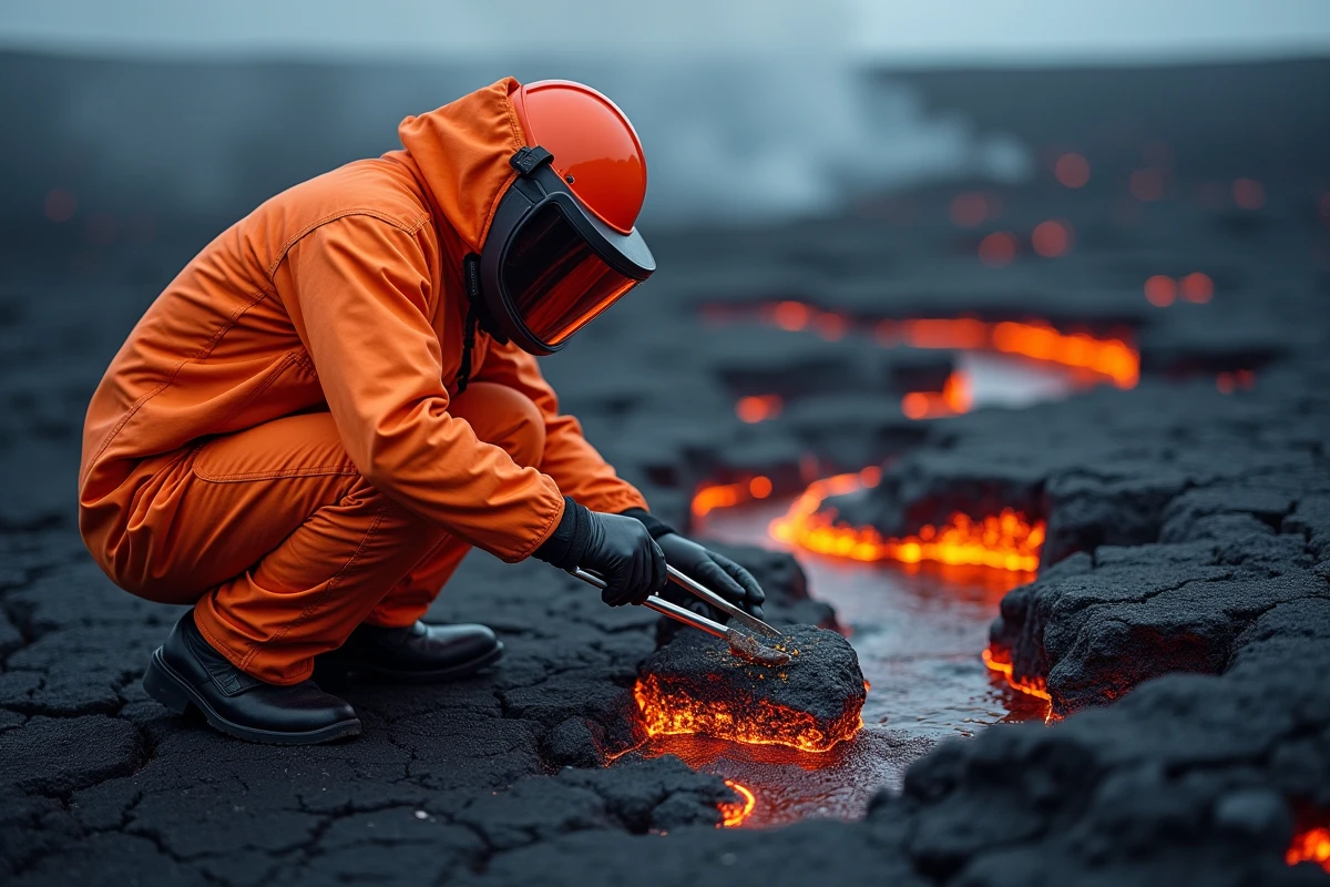 Volcanologue en tenue de protection prélevant des échantillons de lave sur les flancs du volcan Nyiragongo au Congo