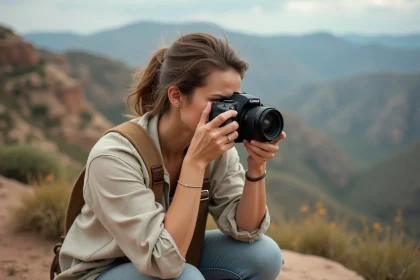 Photographe passionnée en voyage photo guidé en montagne, capturant un paysage naturel avec son appareil reflex professionnel