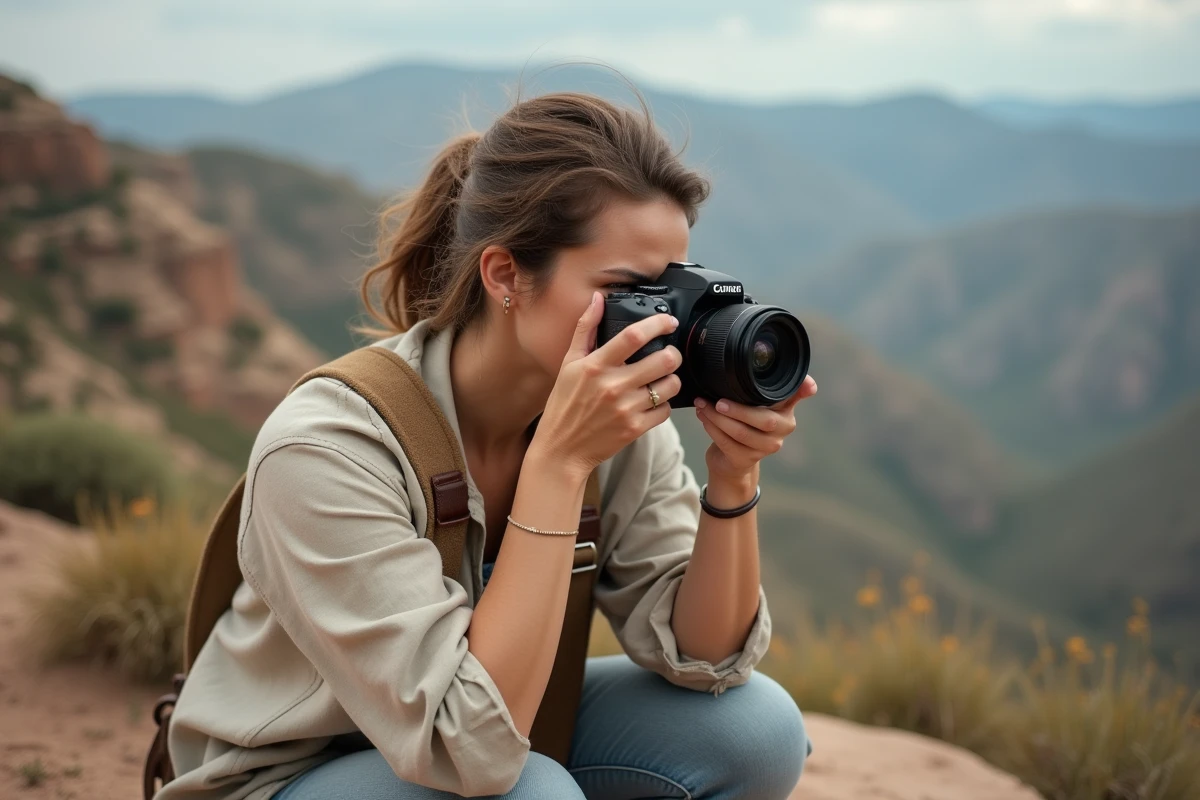 Photographe passionnée en voyage photo guidé en montagne, capturant un paysage naturel avec son appareil reflex professionnel