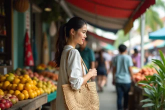 Une jeune femme malaisienne fait ses courses dans un marché local de Kuala Lumpur avec des sacs réutilisables, symbole de voyage responsable en Malaisie