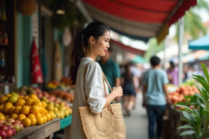 Une jeune femme malaisienne fait ses courses dans un marché local de Kuala Lumpur avec des sacs réutilisables, symbole de voyage responsable en Malaisie
