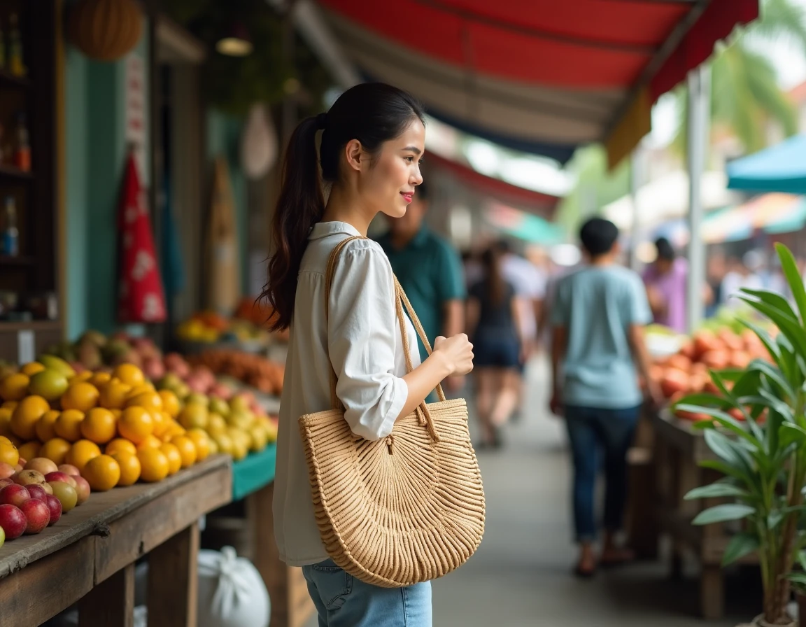 Une jeune femme malaisienne fait ses courses dans un marché local de Kuala Lumpur avec des sacs réutilisables, symbole de voyage responsable en Malaisie