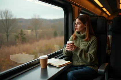 Femme assise dans un train Amtrak entre Montréal et New York, regardant le paysage automnal par la fenêtre avec un café à la main