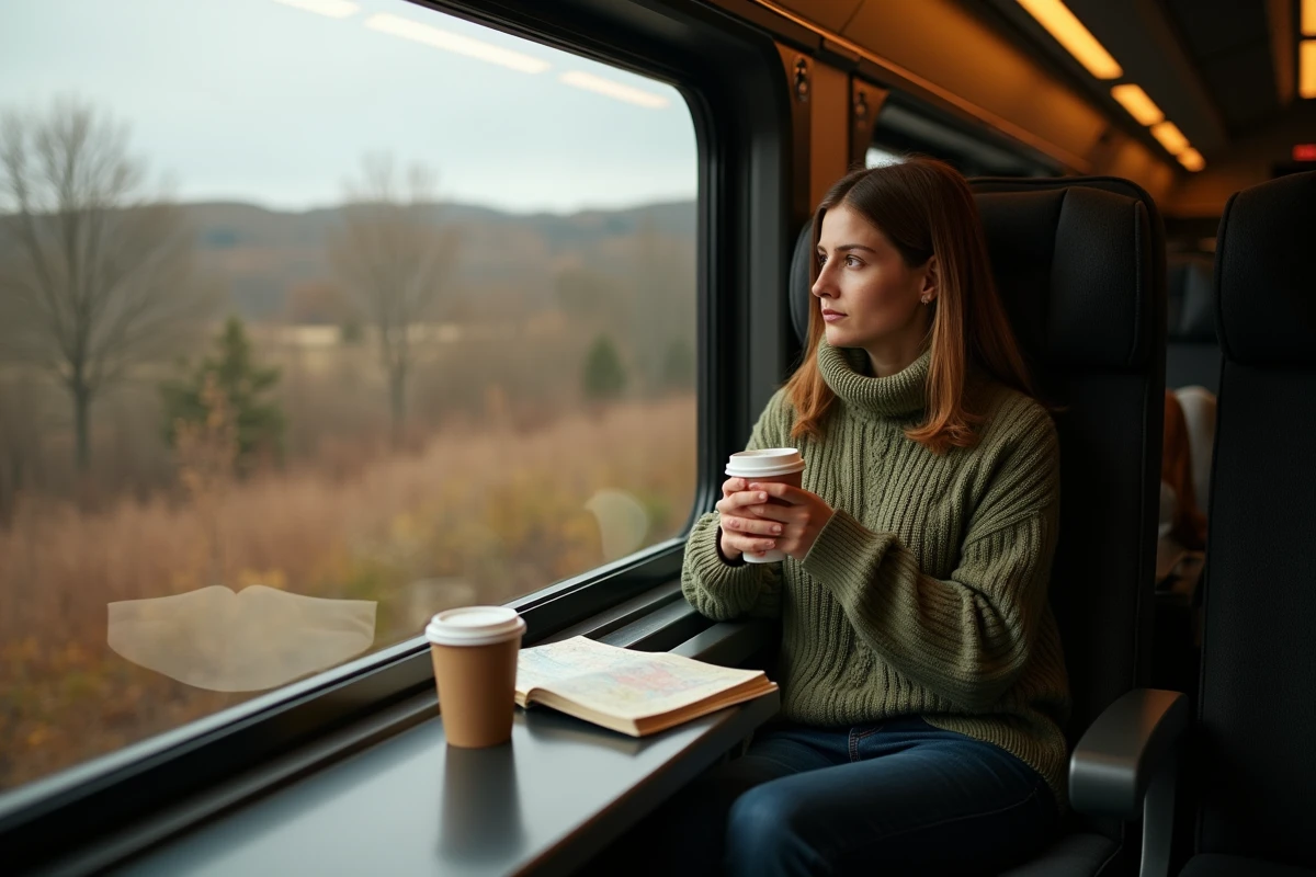 Femme assise dans un train Amtrak entre Montréal et New York, regardant le paysage automnal par la fenêtre avec un café à la main