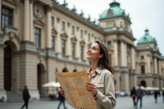 Jeune femme avec une carte devant un bâtiment néoclassique de Vienne lors d'un voyage à petit budget