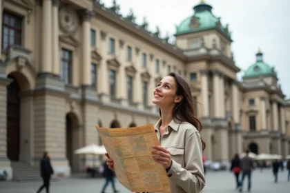 Jeune femme avec une carte devant un bâtiment néoclassique de Vienne lors d'un voyage à petit budget