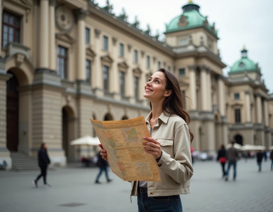 Jeune femme avec une carte devant un bâtiment néoclassique de Vienne lors d'un voyage à petit budget